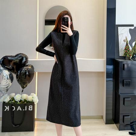 FA45130# 毛呢连衣裙秋冬新款高级感气质女神范无袖长裙 服裝批發女裝批發服飾貨源