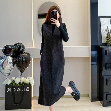 FA45130# 毛呢连衣裙秋冬新款高级感气质女神范无袖长裙 服裝批發女裝批發服飾貨源