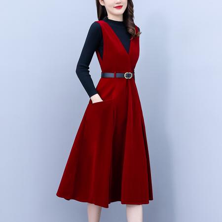 FA45131# 红色连衣裙女秋冬金丝绒打底背带裙高级感新年订婚套装礼服 服裝批發女裝批發服飾貨源