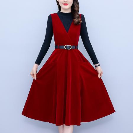 FA45131# 红色连衣裙女秋冬金丝绒打底背带裙高级感新年订婚套装礼服 服裝批發女裝批發服飾貨源