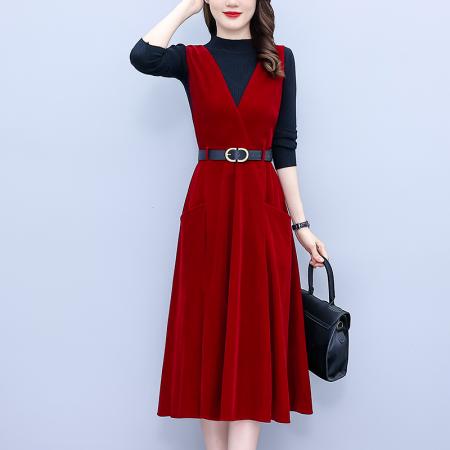FA45131# 红色连衣裙女秋冬金丝绒打底背带裙高级感新年订婚套装礼服 服裝批發女裝批發服飾貨源