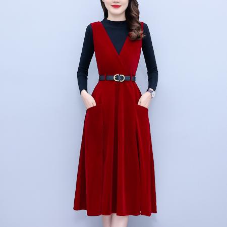 FA45131# 红色连衣裙女秋冬金丝绒打底背带裙高级感新年订婚套装礼服 服裝批發女裝批發服飾貨源