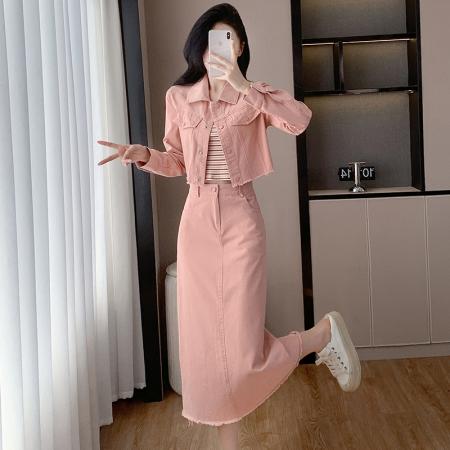 FA45132# 粉色长袖衬衣外套配吊带半身裙子女春秋新款工装休闲三件套装 服裝批發女裝批發服飾貨源