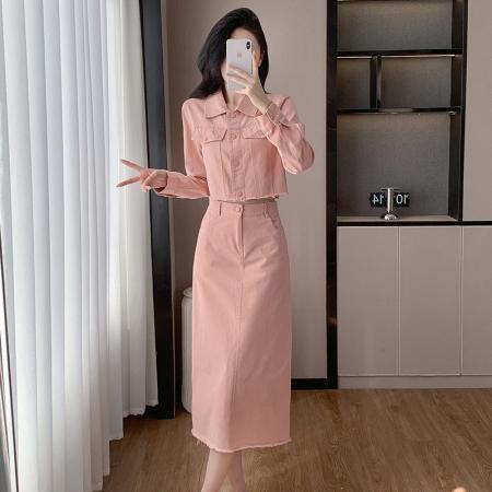 FA45132# 粉色长袖衬衣外套配吊带半身裙子女春秋新款工装休闲三件套装 服裝批發女裝批發服飾貨源