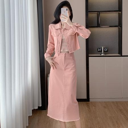 FA45132# 粉色长袖衬衣外套配吊带半身裙子女春秋新款工装休闲三件套装 服裝批發女裝批發服飾貨源