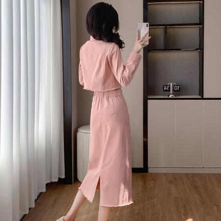 FA45132# 粉色长袖衬衣外套配吊带半身裙子女春秋新款工装休闲三件套装 服裝批發女裝批發服飾貨源