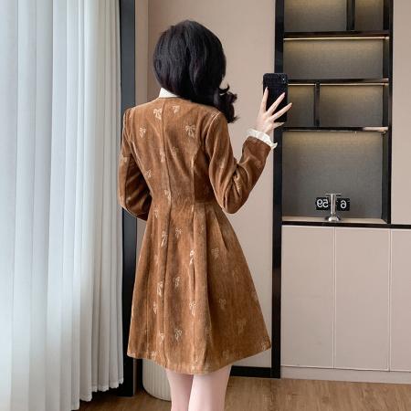 FA45135# 系带蝴蝶结法式加厚长袖连衣裙女冬装高级感收腰气质荷叶边打底裙 服裝批發女裝批發服飾貨源