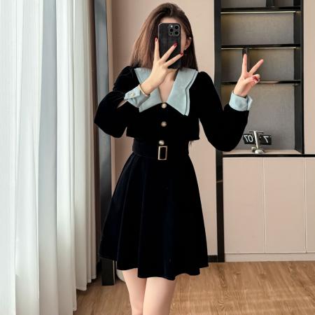 FA45136# 法式娃娃领黑色丝绒连衣裙女爆款秋季赫本千金风气质生日裙小礼裙 服裝批發女裝批發服飾貨源