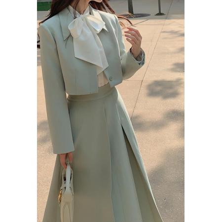 FA45145# 秋季新款小个子绿色高腰修身短款长袖外套半身裙两件套 服裝批發女裝批發服飾貨源