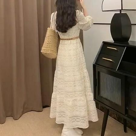 FA45146# 秋季法式长袖连衣裙女春装新款气质女神范白色设计感镂空长裙 服裝批發女裝批發服飾貨源