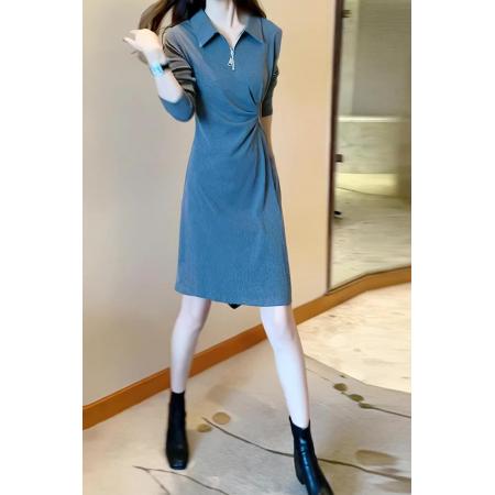 FA45149# 法式高级感长袖连衣裙女秋季新款小个子性感开叉A字短裙子 服裝批發女裝批發服飾貨源