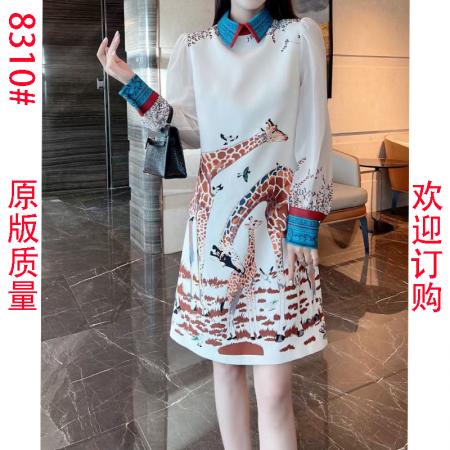FA45150# 数码印花定位连衣裙秋季新款气质小鹿定位印花透明长袖A字裙 服裝批發女裝批發服飾貨源