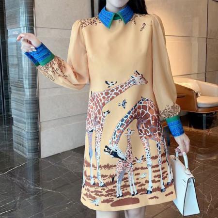 FA45150# 数码印花定位连衣裙秋季新款气质小鹿定位印花透明长袖A字裙 服裝批發女裝批發服飾貨源