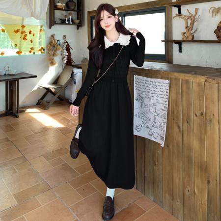 FA45158# 大码女装长袖秋冬赫本风连衣裙娃娃领设计修身显瘦连衣裙 服裝批發女裝批發服飾貨源