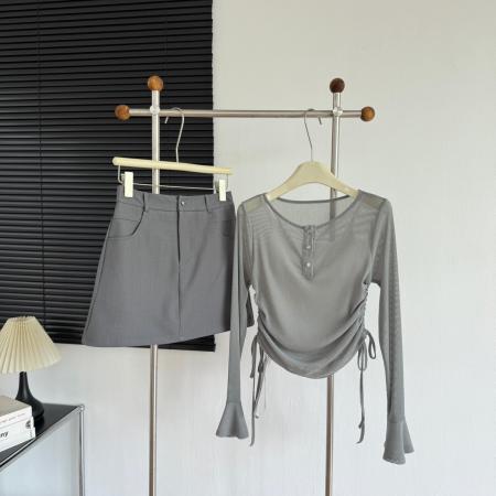 FA45171# 流光夏季新款防晒罩衫女抽绳收腰t恤短裙套装 服裝批發女裝批發服飾貨源