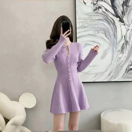 FA45174# 韩国慵懒紫色针织连衣裙女秋冬新款别致独特收腰A字裙小个子 服裝批發女裝批發服飾貨源