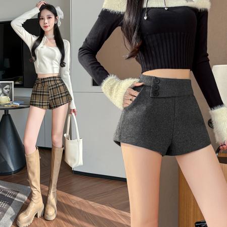 FA45179# 秋冬款复古英伦风斜边扣格纹呢子修身短裤靴裤 服裝批發女裝批發服飾貨源