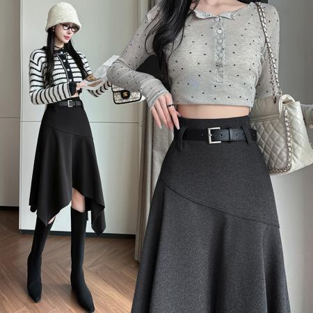 FA45182# 不规则高腰毛呢半身裙女秋冬款百搭显瘦中长裙 服裝批發女裝批發服飾貨源