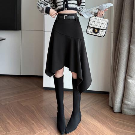 FA45182# 不规则高腰毛呢半身裙女秋冬款百搭显瘦中长裙 服裝批發女裝批發服飾貨源