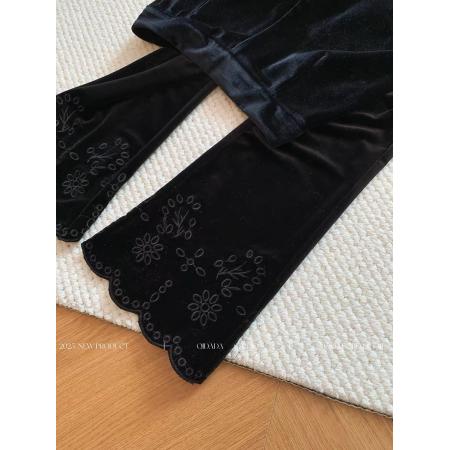 FA45187# 黑色花边刺绣九分微喇裤女早秋时尚洋气设计感高级感休闲裤子 服裝批發女裝批發服飾貨源