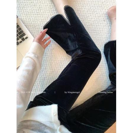 FA45188# 黑色高级感开叉花边拼接垂感丝绒微喇休闲裤子女秋款新款显瘦 服裝批發女裝批發服飾貨源