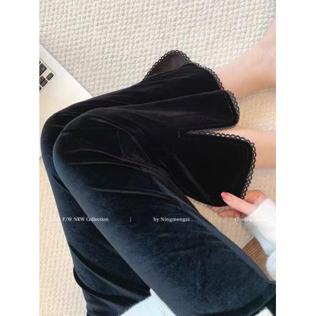 FA45188# 黑色高级感开叉花边拼接垂感丝绒微喇休闲裤子女秋款新款显瘦 服裝批發女裝批發服飾貨源
