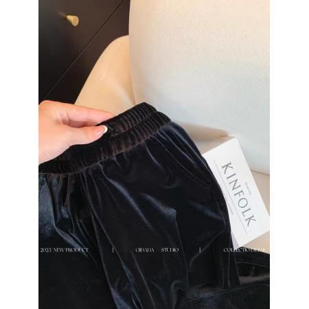 FA45188# 黑色高级感开叉花边拼接垂感丝绒微喇休闲裤子女秋款新款显瘦 服裝批發女裝批發服飾貨源