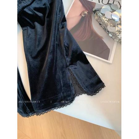 FA45188# 黑色高级感开叉花边拼接垂感丝绒微喇休闲裤子女秋款新款显瘦 服裝批發女裝批發服飾貨源