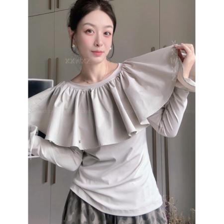 FA45189# 韩式春秋女装百搭修身显瘦荷叶边叠穿内搭长袖T恤上衣外穿 服裝批發女裝批發服飾貨源