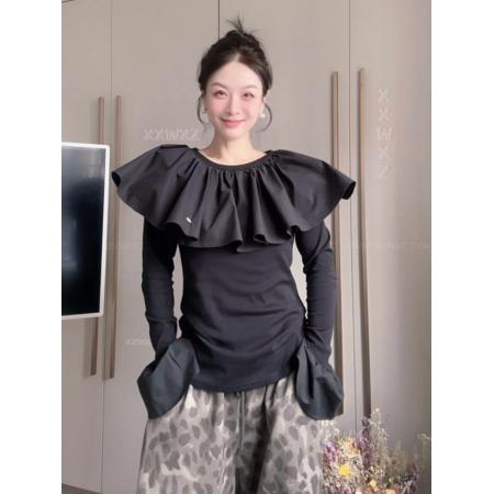 FA45189# 韩式春秋女装百搭修身显瘦荷叶边叠穿内搭长袖T恤上衣外穿 服裝批發女裝批發服飾貨源