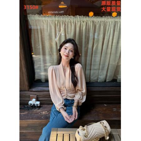 FA45198# 法式气质V领显瘦设计感衬衫珍珠扣压褶灯笼袖衬衣上衣 服裝批發女裝批發服飾貨源