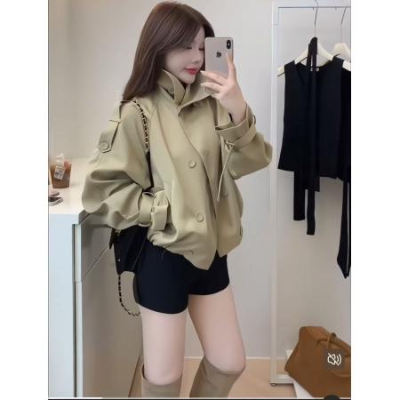 FA45200# 韩系英伦风气质立领风衣外套女秋季双排扣宽松百搭上衣 服裝批發女裝批發服飾貨源