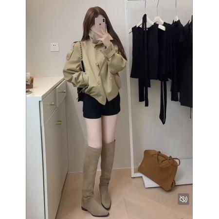 FA45200# 韩系英伦风气质立领风衣外套女秋季双排扣宽松百搭上衣 服裝批發女裝批發服飾貨源