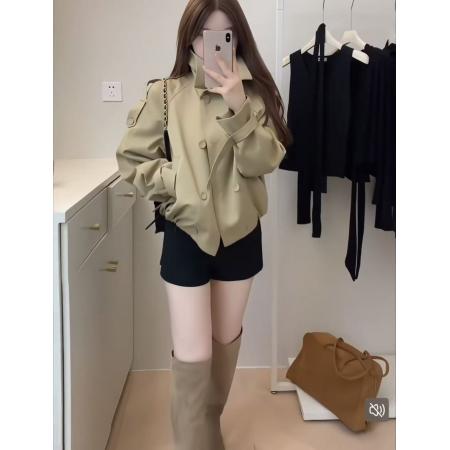 FA45200# 韩系英伦风气质立领风衣外套女秋季双排扣宽松百搭上衣 服裝批發女裝批發服飾貨源