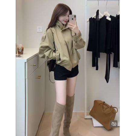 FA45200# 韩系英伦风气质立领风衣外套女秋季双排扣宽松百搭上衣 服裝批發女裝批發服飾貨源