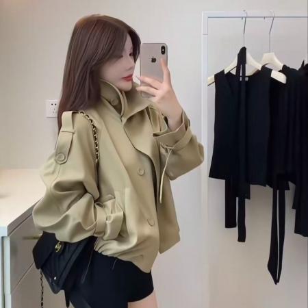 FA45200# 韩系英伦风气质立领风衣外套女秋季双排扣宽松百搭上衣 服裝批發女裝批發服飾貨源