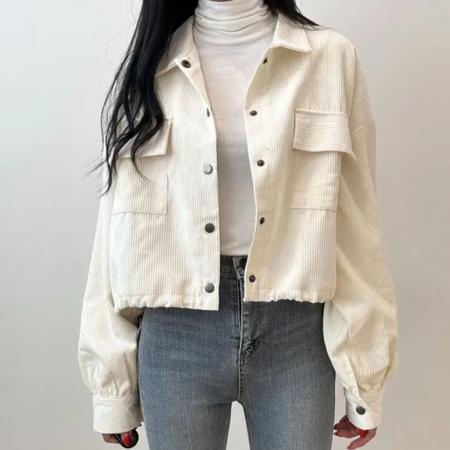 FA45208# 秋季新款法式复古翻领双口袋复抽绳百搭长袖灯芯绒外套女 服裝批發女裝批發服飾貨源