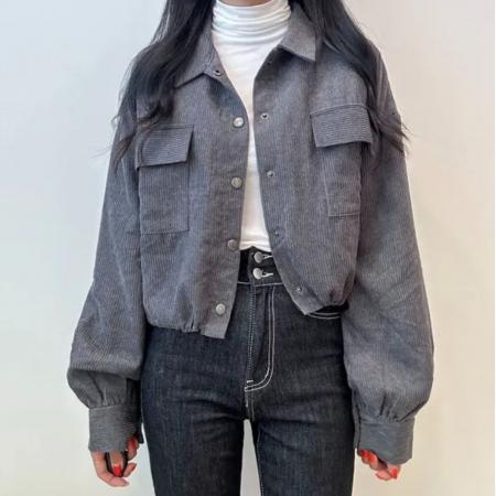 FA45208# 秋季新款法式复古翻领双口袋复抽绳百搭长袖灯芯绒外套女 服裝批發女裝批發服飾貨源