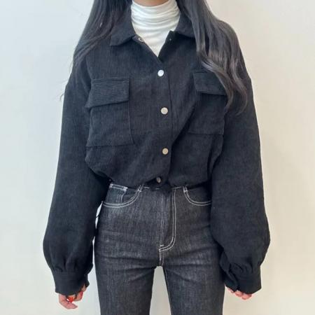 FA45208# 秋季新款法式复古翻领双口袋复抽绳百搭长袖灯芯绒外套女 服裝批發女裝批發服飾貨源