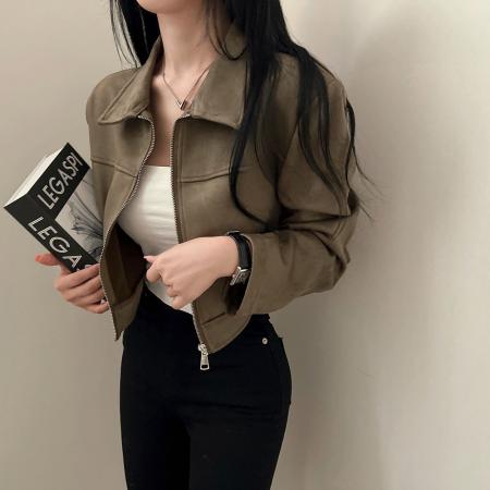 FA45209# 韩国chic秋季复古帅气翻领拉链式长袖皮绒短款夹克外套女 服裝批發女裝批發服飾貨源