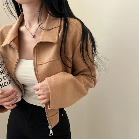 FA45209# 韩国chic秋季复古帅气翻领拉链式长袖皮绒短款夹克外套女 服裝批發女裝批發服飾貨源