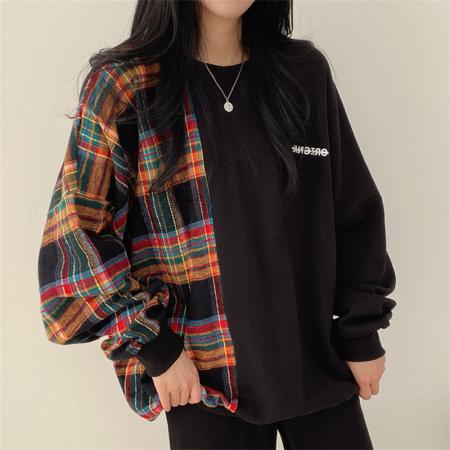 FA45210# 韩国chic秋季减龄复古小众气质圆领格子拼接宽松长袖T恤女 服裝批發女裝批發服飾貨源