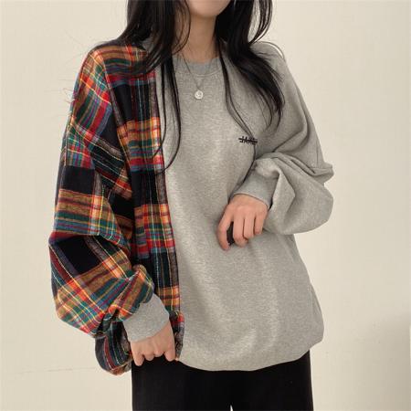 FA45210# 韩国chic秋季减龄复古小众气质圆领格子拼接宽松长袖T恤女 服裝批發女裝批發服飾貨源