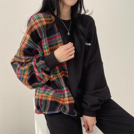 FA45210# 韩国chic秋季减龄复古小众气质圆领格子拼接宽松长袖T恤女 服裝批發女裝批發服飾貨源