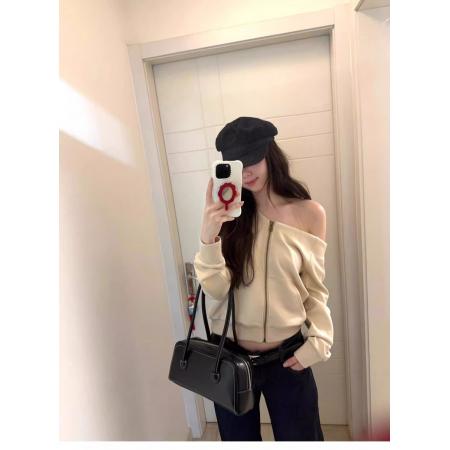 FA45212# 连帽卫衣拉链外套女薄款斜肩短款开衫上衣 服裝批發女裝批發服飾貨源