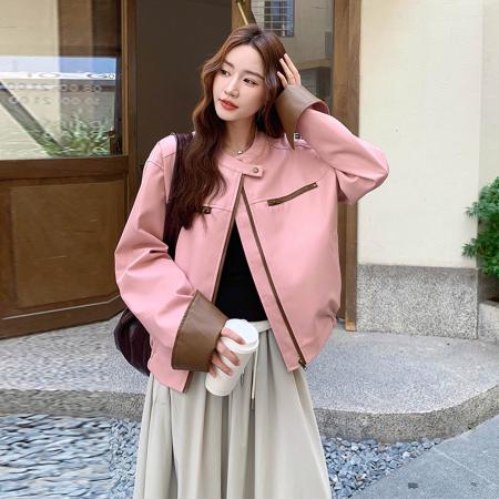 FA45215# PU皮+内里+肩垫一新款韩系粉色皮衣短款外套女夹克上衣 服裝批發女裝批發服飾貨源