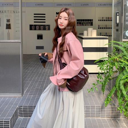 FA45215# PU皮+内里+肩垫一新款韩系粉色皮衣短款外套女夹克上衣 服裝批發女裝批發服飾貨源