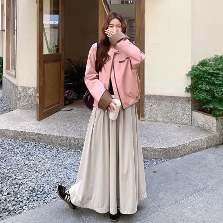 FA45215# PU皮+内里+肩垫一新款韩系粉色皮衣短款外套女夹克上衣 服裝批發女裝批發服飾貨源