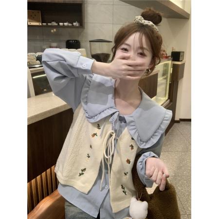FA45219# 法式甜美娃娃领长袖衬衫+减龄刺绣针织马甲两件套 服裝批發女裝批發服飾貨源