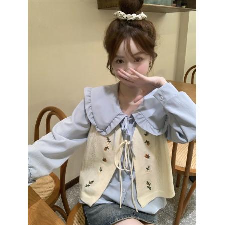 FA45219# 法式甜美娃娃领长袖衬衫+减龄刺绣针织马甲两件套 服裝批發女裝批發服飾貨源